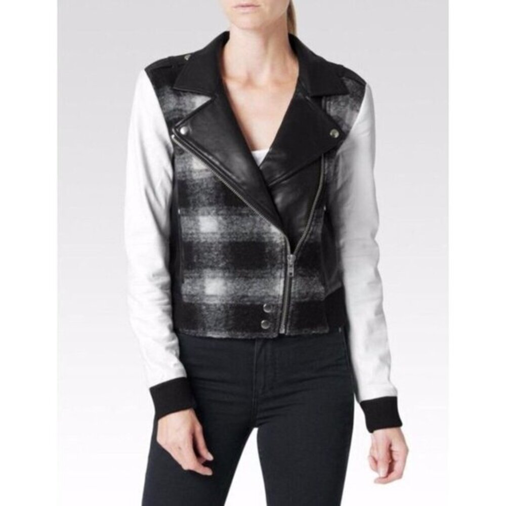 Paige Denim Shelley Leather Wool Blend Plaid White Moto Jacket SZ S NWT